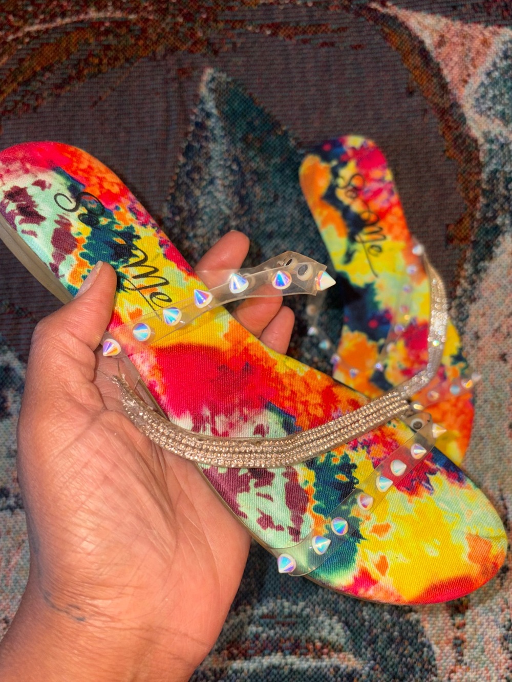 So Me Multicolor Tie-Dye Rhinestone Strap Sandals